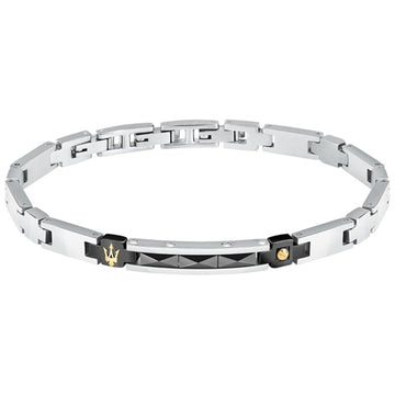 Ανδρικό βραχιόλι Maserati JM224ATZ35 από ανοξείδωτο ατσάλι, με ασημί μπρασελέ και μαύρο στοιχείο με χρυσή τρίαινα.